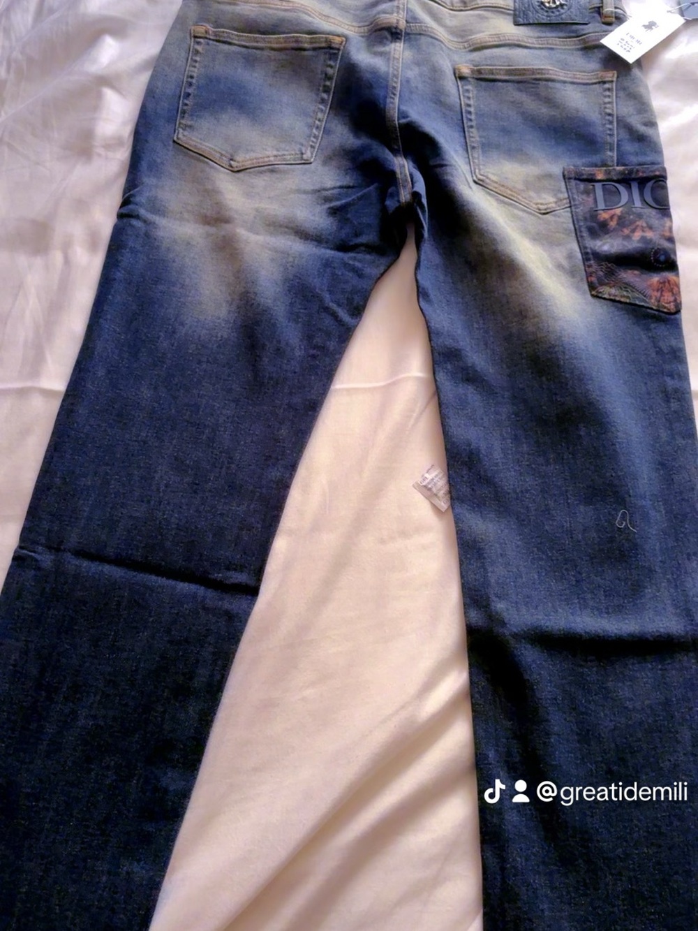 Dior Men's Straight Dark Blue Washed Jeans with Back Pocket Detail